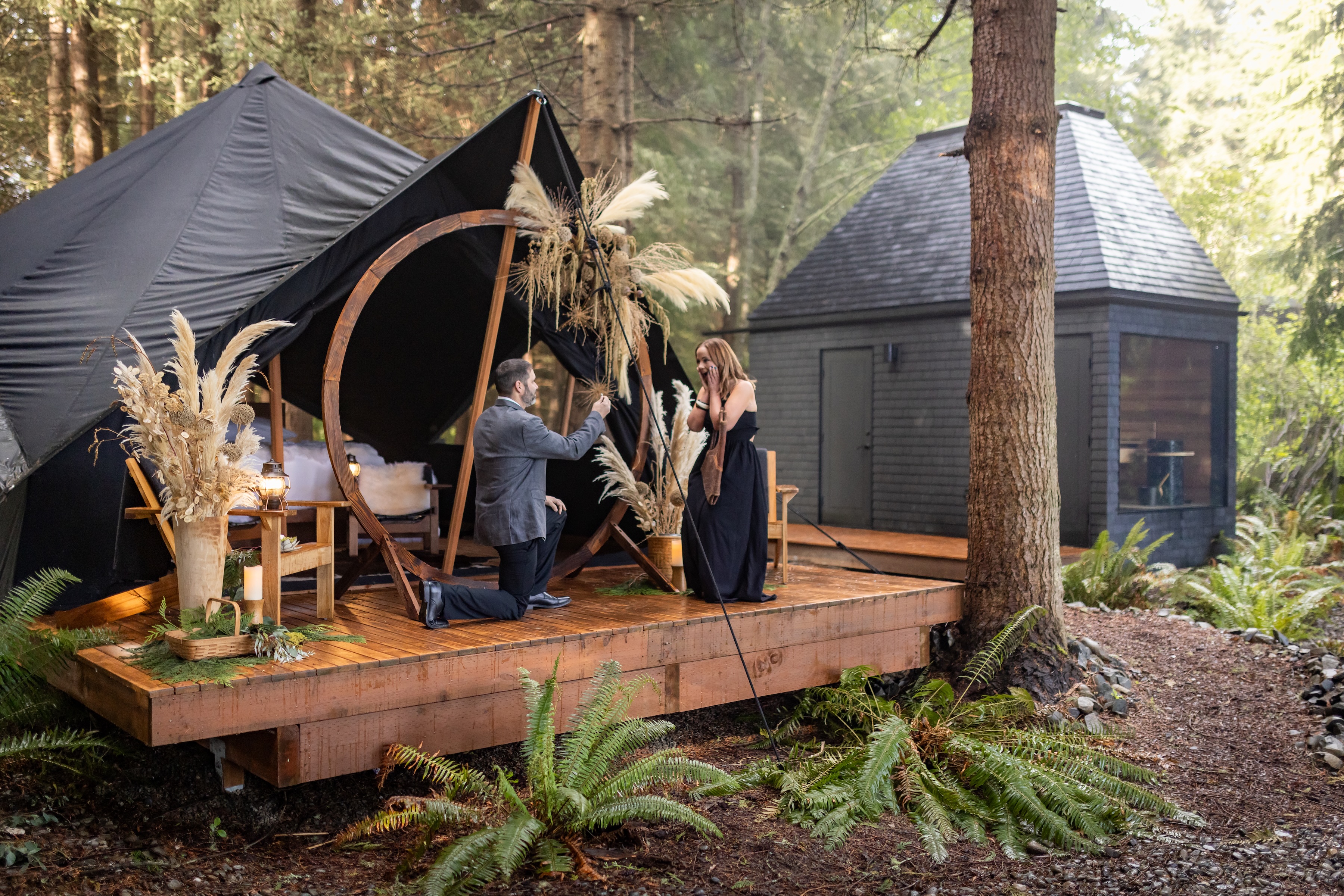 Private deck at Menizei set for a milestone toast above the Salish Sea